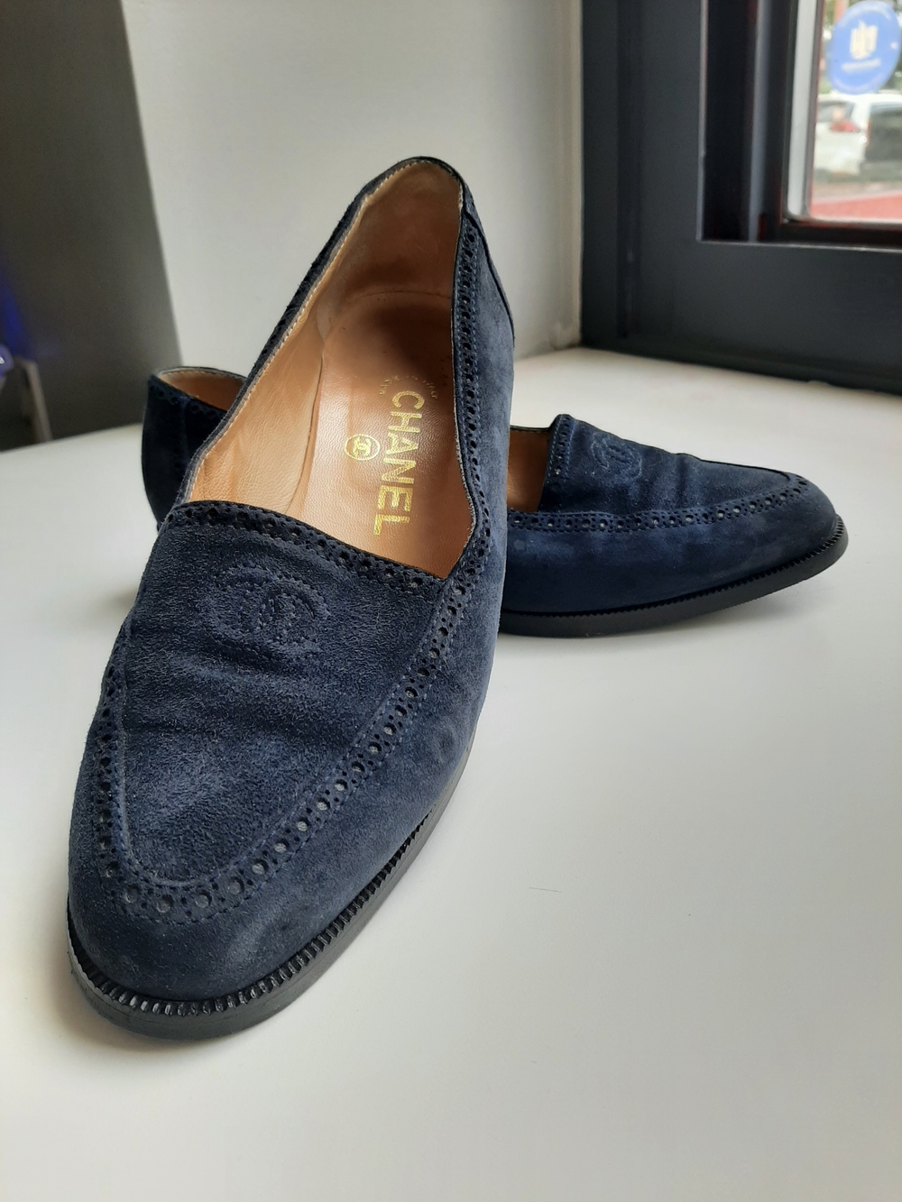 CHANEL Navy Suede Loafers with Embossed CC